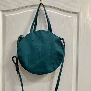 Sonoma brand beautiful, teal, rounded cross body:shoulder bag with hand straps.